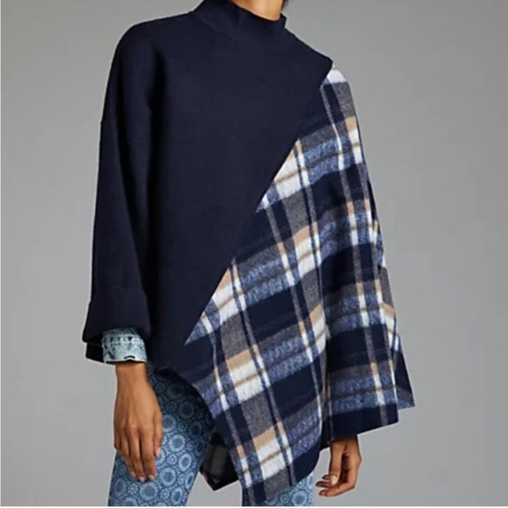 NWT Anthropologie Mixed Plaid Poncho Navy One Size #030